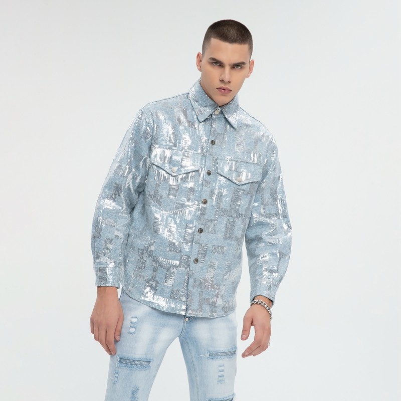 Sequined Silver Reflective Denim Jacket Men