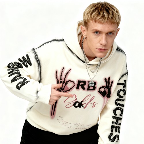 Trendy Street Hoodie Men | DTG + Rhinestones + Spray | Streetwear Manufacturer