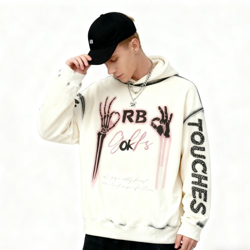 Trendy Street Hoodie Men | DTG + Rhinestones + Spray | Streetwear Manufacturer