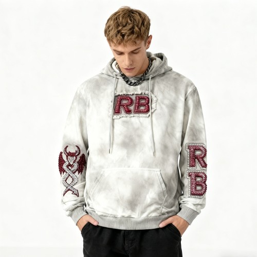 Men's Acid Wash Hooded Hoodie | Patch Embroidery + Rhinestones + Spray | Streetwear Manufacturer