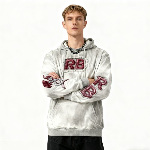 Men's Acid Wash Hooded Hoodie | Patch Embroidery + Rhinestones + Spray | Streetwear Manufacturer
