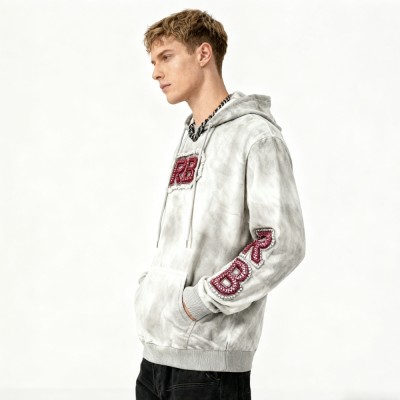 Men's Acid Wash Hooded Hoodie | Patch Embroidery + Rhinestones + Spray | Streetwear Manufacturer