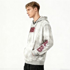 Men's Acid Wash Hooded Hoodie | Patch Embroidery + Rhinestones + Spray | Streetwear Manufacturer