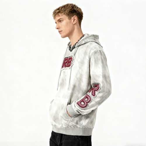 Men's Acid Wash Hooded Hoodie | Patch Embroidery + Rhinestones + Spray | Streetwear Manufacturer