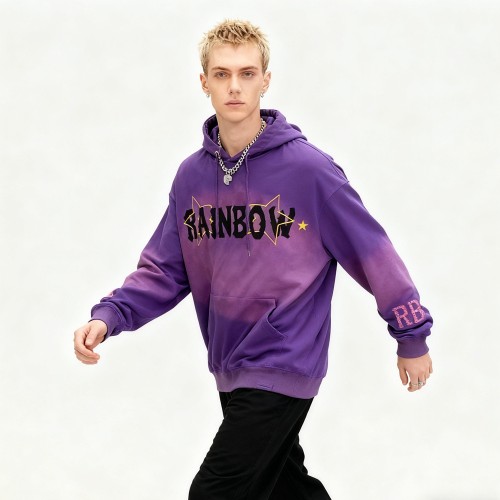 Purple Spray Hoodie Men | Flocked + Spray + Rhinestone | Streetwear | B2B Wholesale