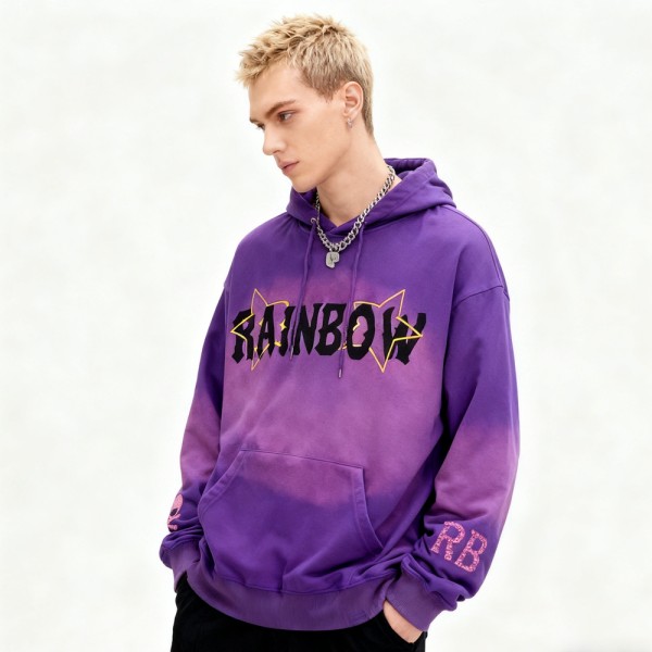 Purple Spray Hoodie Men | Flocked + Spray + Rhinestone | Streetwear | B2B Wholesale
