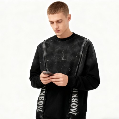 Black Galaxy Sweatshirt Men | Silver Hot Stamping + Rhinestone + Spray + Raw Edge | B2B Wholesale