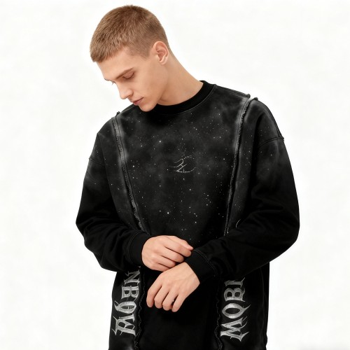Black Galaxy Sweatshirt Men | Silver Hot Stamping + Rhinestone + Spray + Raw Edge | B2B Wholesale