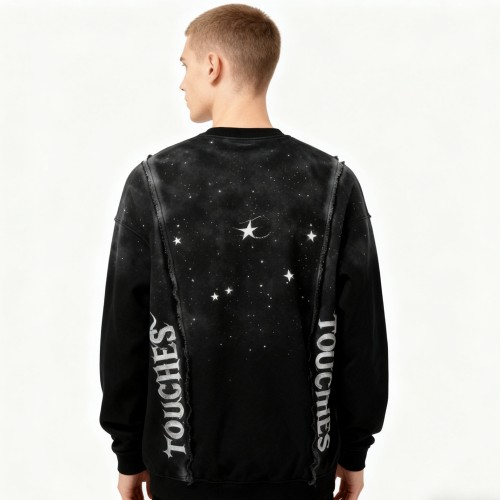 Black Galaxy Sweatshirt Men | Silver Hot Stamping + Rhinestone + Spray + Raw Edge | B2B Wholesale