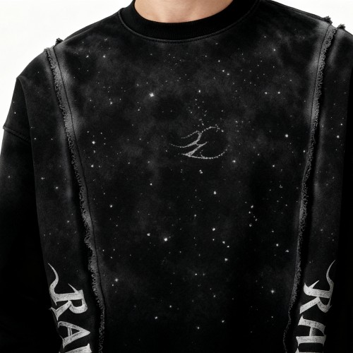 Black Galaxy Sweatshirt Men | Silver Hot Stamping + Rhinestone + Spray + Raw Edge | B2B Wholesale