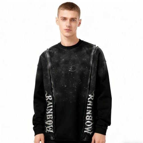 Black Galaxy Sweatshirt Men | Silver Hot Stamping + Rhinestone + Spray + Raw Edge | B2B Wholesale