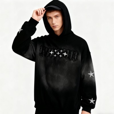 Men's Black Gradient Spray Hoodie | Spray + Rhinestones + Applique | Custom Streetwear Manufacturer