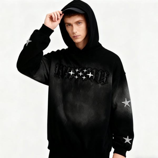 Men's Black Gradient Spray Hoodie | Spray + Rhinestones + Applique | Custom Streetwear Manufacturer