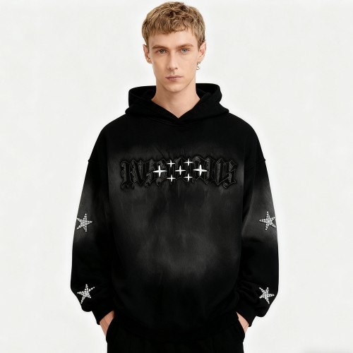 Men's Black Gradient Spray Hoodie | Spray + Rhinestones + Applique | Custom Streetwear Manufacturer