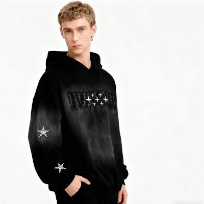 Men's Black Gradient Spray Hoodie | Spray + Rhinestones + Applique | Custom Streetwear Manufacturer