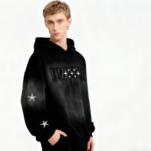 Men's Black Gradient Spray Hoodie | Spray + Rhinestones + Applique | Custom Streetwear Manufacturer