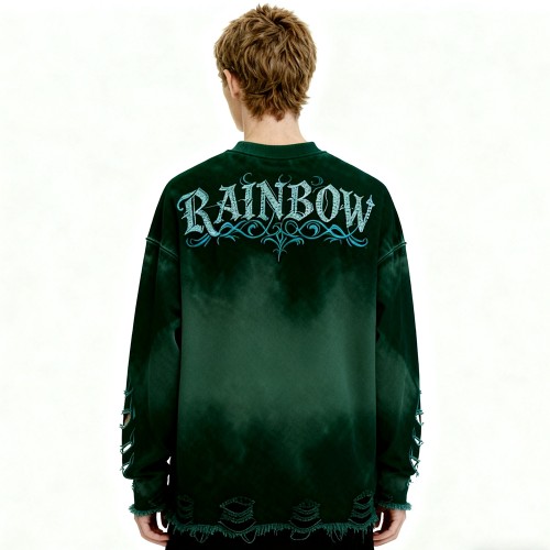 Green Destressed Hoodie Men | Spray Wash + Rhinestone + Distressed | Street Fashion | CustomClothing