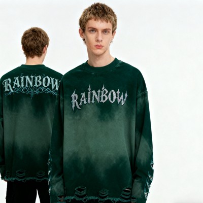 Green Destressed Hoodie Men | Spray Wash + Rhinestone + Distressed | Street Fashion | CustomClothing