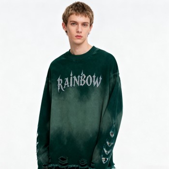 Green Destressed Hoodie Men | Spray Wash + Rhinestone + Distressed | Street Fashion | CustomClothing