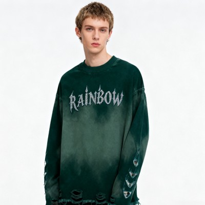 Green Destressed Hoodie Men | Spray Wash + Rhinestone + Distressed | Street Fashion | CustomClothing