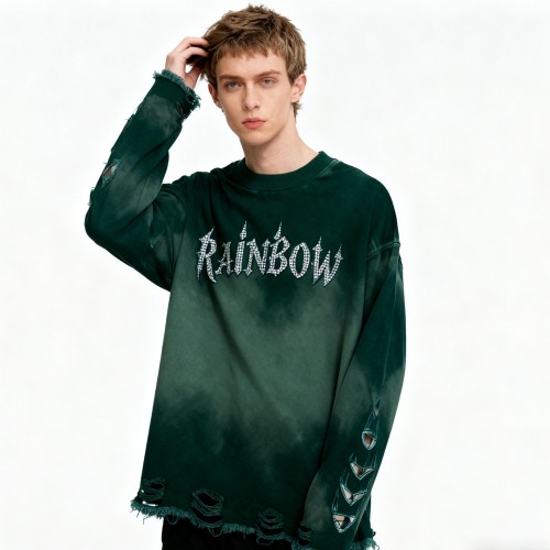 Green Destressed Hoodie Men | Spray Wash + Rhinestone + Distressed | Street Fashion | CustomClothing