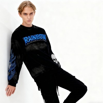 Skull Flame Hoodie Men | Spray + Embroidery + Rhinestone | Street Fashion | Custom Clothing