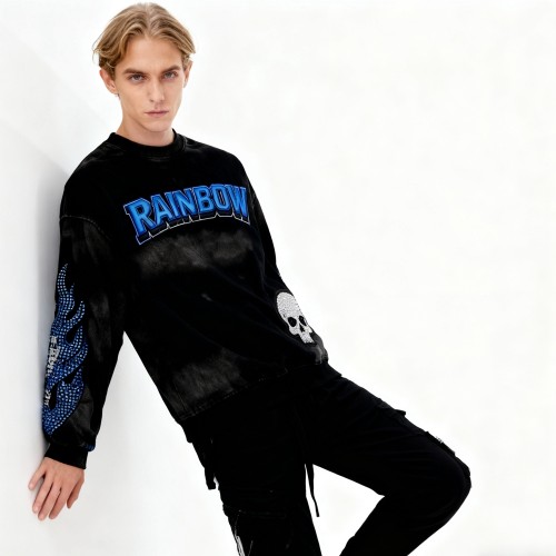 Skull Flame Hoodie Men | Spray + Embroidery + Rhinestone | Street Fashion | Custom Clothing