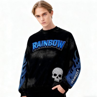 Skull Flame Hoodie Men | Spray + Embroidery + Rhinestone | Street Fashion | Custom Clothing