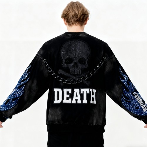 Skull Flame Hoodie Men | Spray + Embroidery + Rhinestone | Street Fashion | Custom Clothing