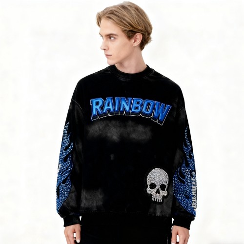 Skull Flame Hoodie Men | Spray + Embroidery + Rhinestone | Street Fashion | Custom Clothing