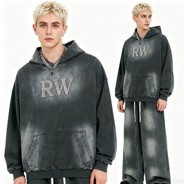 Men's Acid Wash Hooded SweatSuits | Acid Washed + Spray + Rhinestone | Streetwear Manufacturer
