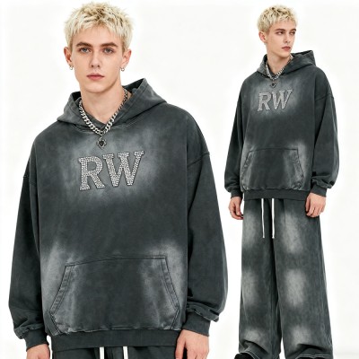 Men's Acid Wash Hooded SweatSuits | Acid Washed + Spray + Rhinestone | Streetwear Manufacturer