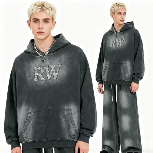 Men's Acid Wash Hooded SweatSuits | Acid Washed + Spray + Rhinestone | Streetwear Manufacturer