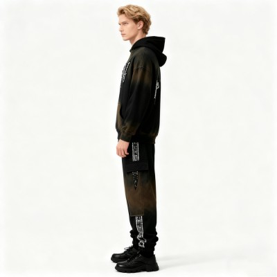 Men's Black Trendy Hoodie Set | Spray + Rhinestone | Street Fashion| Streetwear Manufacturer