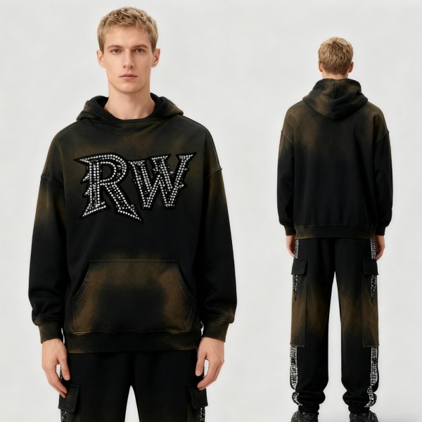 Men's Black Trendy Hoodie Set | Spray + Rhinestone | Street Fashion| Streetwear Manufacturer