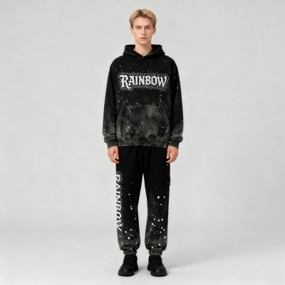 Acid Wash Hoodie Set Men | 100% Cotton | Wash + Spray+ Rhinestone | OEM Streetwear