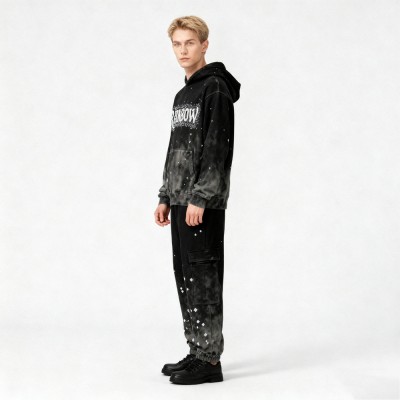 Acid Wash Hoodie Set Men | 100% Cotton | Wash + Spray+ Rhinestone | OEM Streetwear