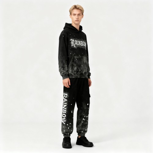 Acid Wash Hoodie Set Men | 100% Cotton | Wash + Spray+ Rhinestone | OEM Streetwear