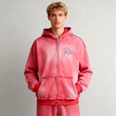 Acid Wash Zip-up Hooded Hoodie Men | Rhinestone + Spray | Streetwear Manufacturer