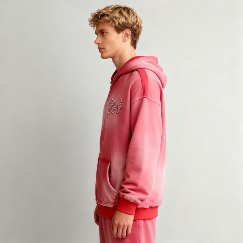 Acid Wash Zip-up Hooded Hoodie Men | Rhinestone + Spray | Streetwear Manufacturer