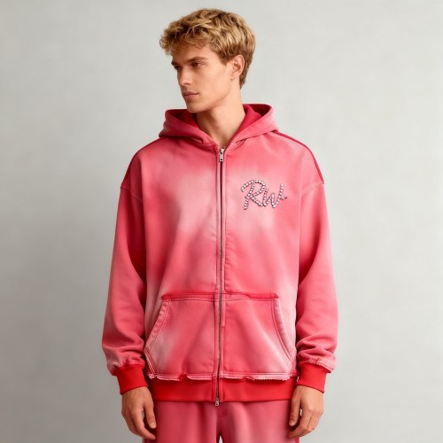Acid Wash Zip-up Hooded Hoodie Men | Rhinestone + Spray | Streetwear Manufacturer