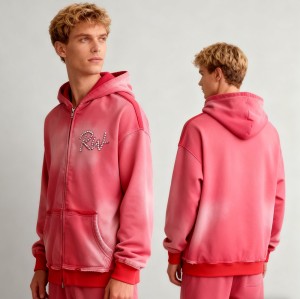 Acid Wash Zip-up Hooded Hoodie Men | Rhinestone + Spray | Streetwear Manufacturer