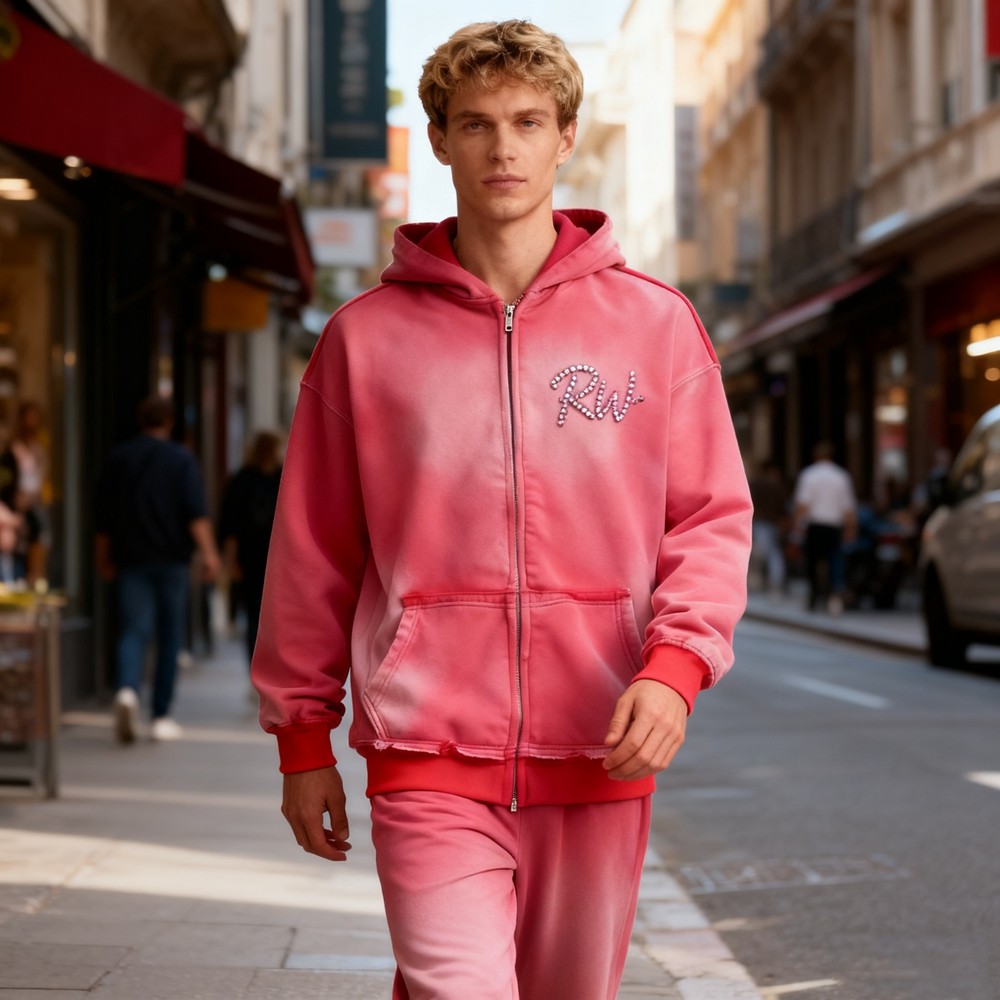 Acid Wash Zip-up Hooded Hoodie Men