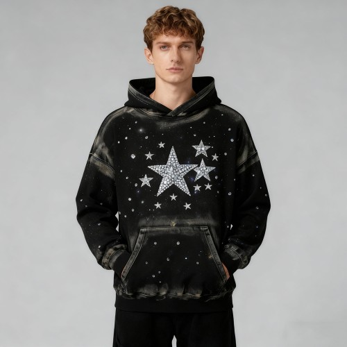 Starry Night Rhinestone Hoodie Men | 100% Cotton | Spray + Rhinestone | B2B Wholesale