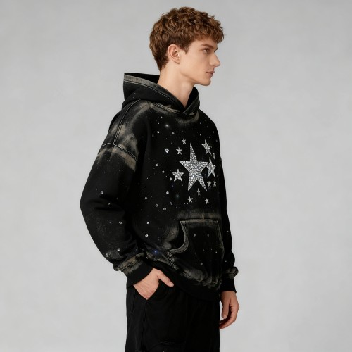 Starry Night Rhinestone Hoodie Men | 100% Cotton | Spray + Rhinestone | B2B Wholesale