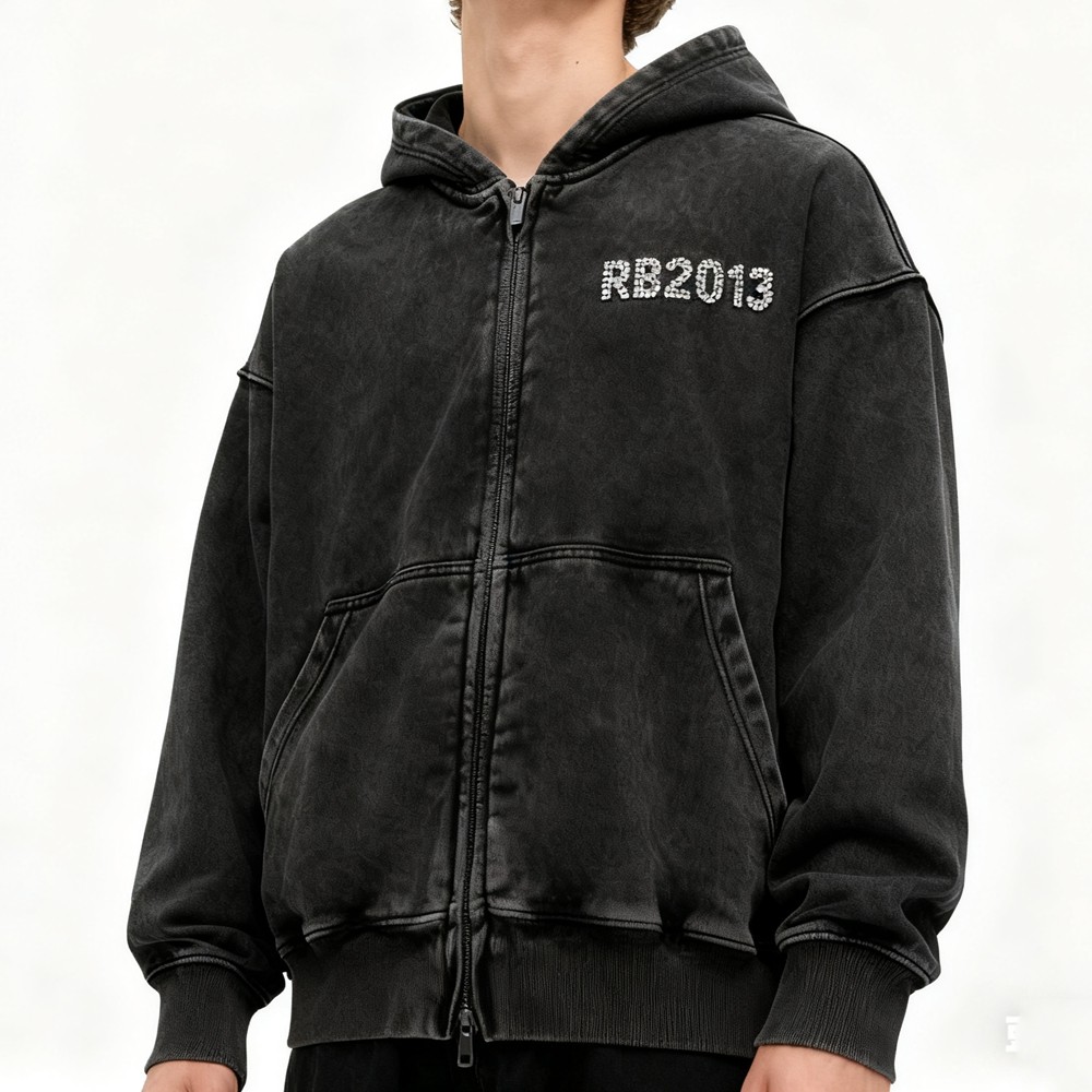 Acid Wash Rhinestone Zip-up Hoodie Men
