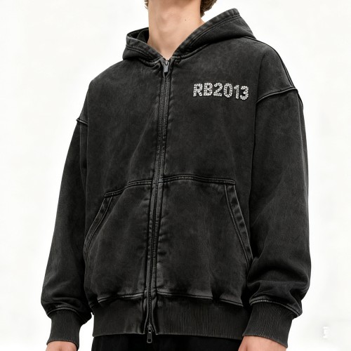 Acid Wash Rhinestone Zip-up Hoodie Men | Washed + Rhinestone | 100% Cotton | Custom Streetwear