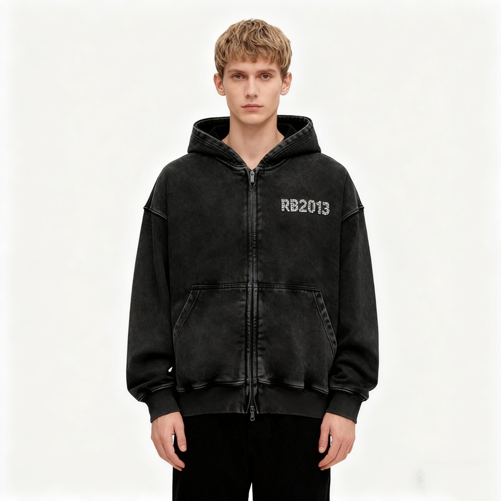 Acid Wash Rhinestone Zip-up Hoodie Men