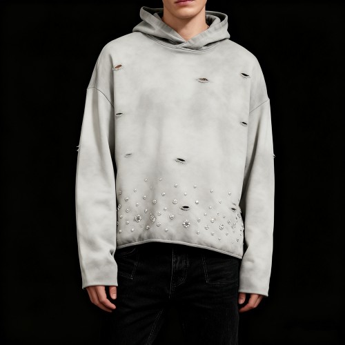 Men's Distressed Rhinestone Hoodie | Acid Wash + Rhinestone | B2B Streetwear Custom