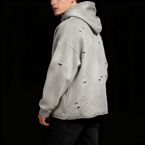Men's Distressed Rhinestone Hoodie | Acid Wash + Rhinestone | B2B Streetwear Custom